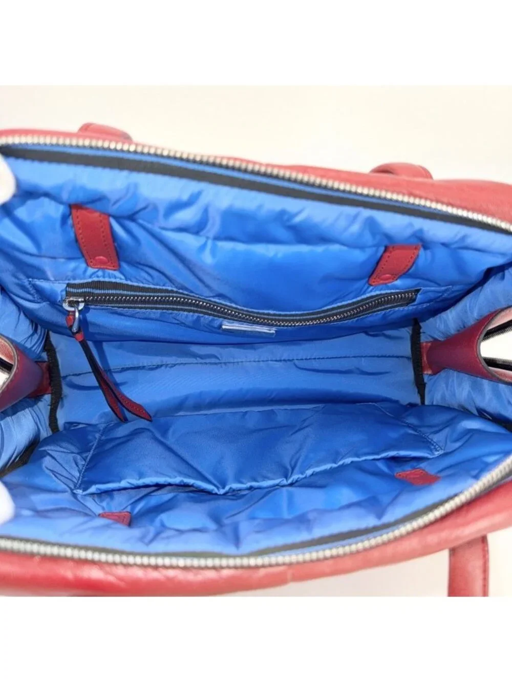 Prada Handbag Nappa Tote Leather Red Blue Silver